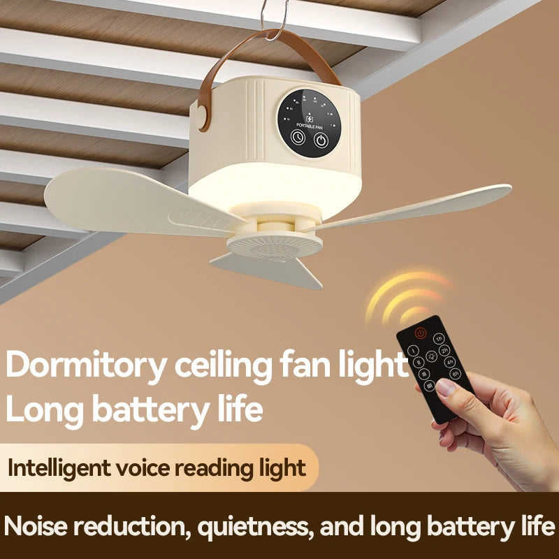 USB dormitory/camping small ceiling fan 8-hour timer, with night light, 4 levels of strength portable fan