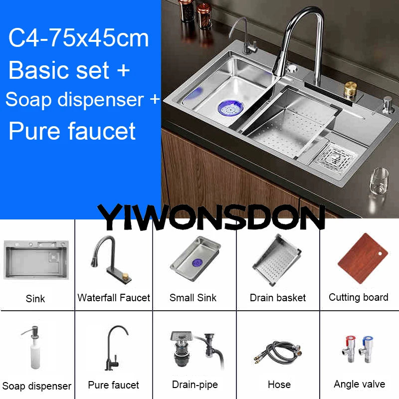 Multifunction Brushed Nano Kitchen Sink Waterfall Faucet Large Single Bowl Cup Washer Pure Tap Soap Dispenser Stainless Steel