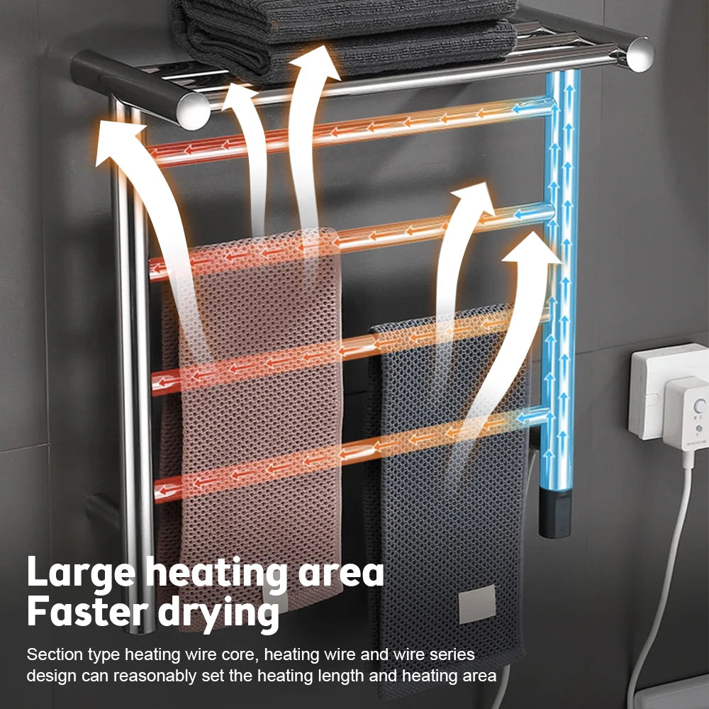 WiFi Electric Towel Warmer Rack 45W 24V 4 Bars Towel Warmer with Top Shelf Timer Wall Mounted IPX4 Waterproof Heated Towel Racks