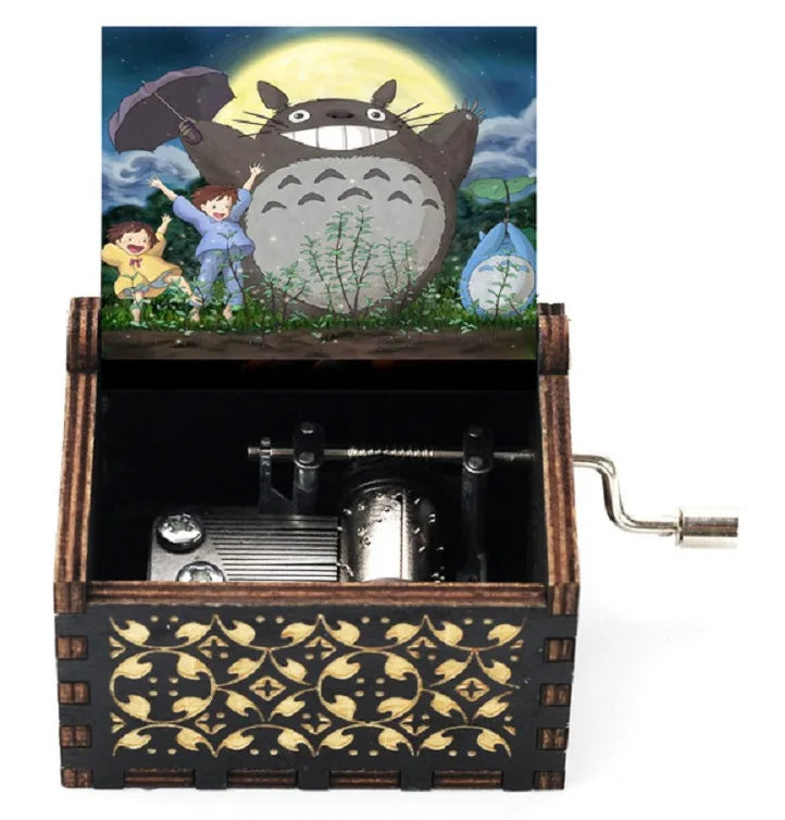 Wooden painted music box, Totoro music gift, ornament, light luxury wooden hand cranked music box