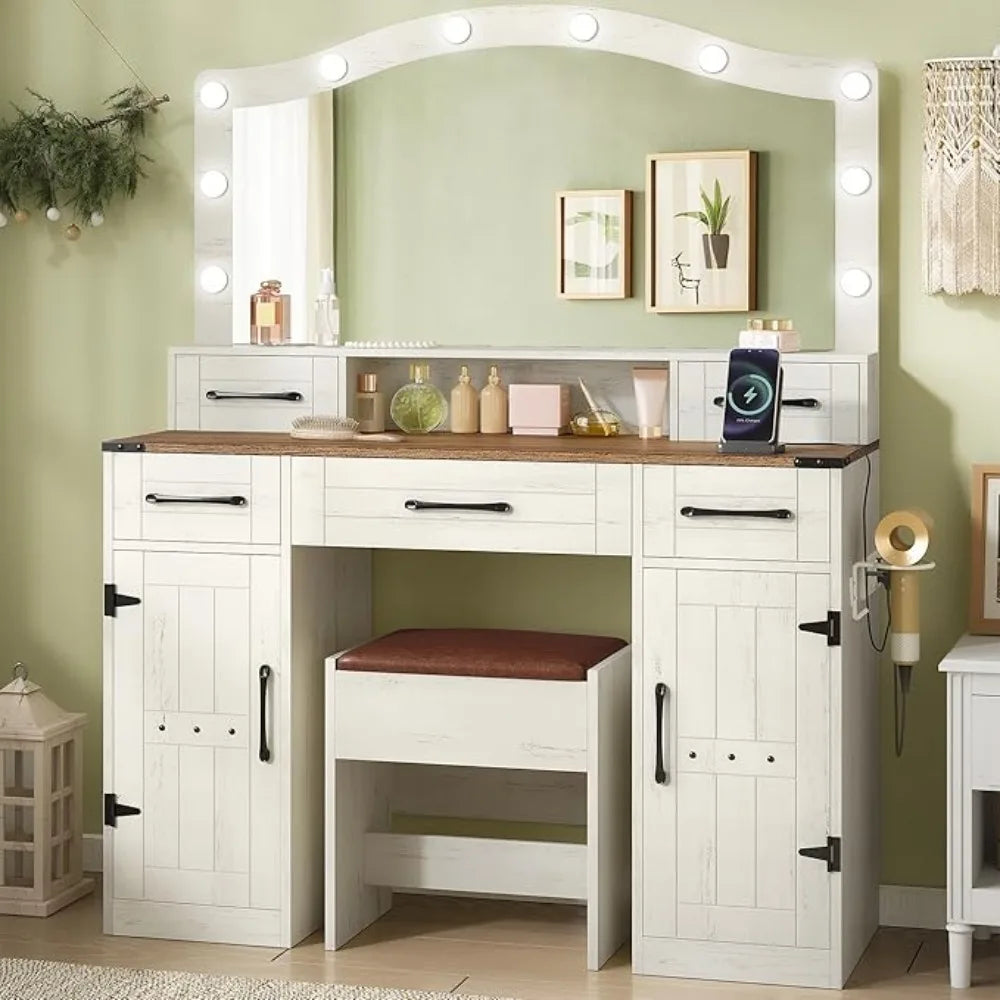 Dressing Table, with Large Mirror and LED Light, Dressing Table with Stool, Outlet and Hairdryer Holder