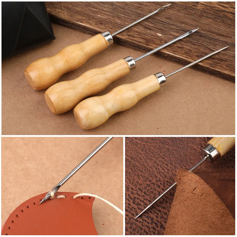 Wooden Handle Awl Leather Punching Awl Sewing Stitching Tool For DIY Handmade Stitcher Needlework Shoes Bag Repair Tool