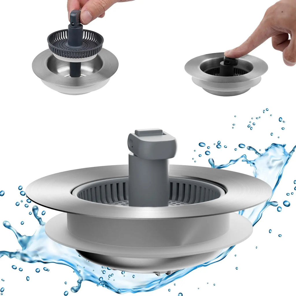 Hibbent Upgraded 3 in 1 Kitchen Sink Drain Strainer and Stopper Combo, Stainless Steel Metal Pop Up Sink Stopper,
