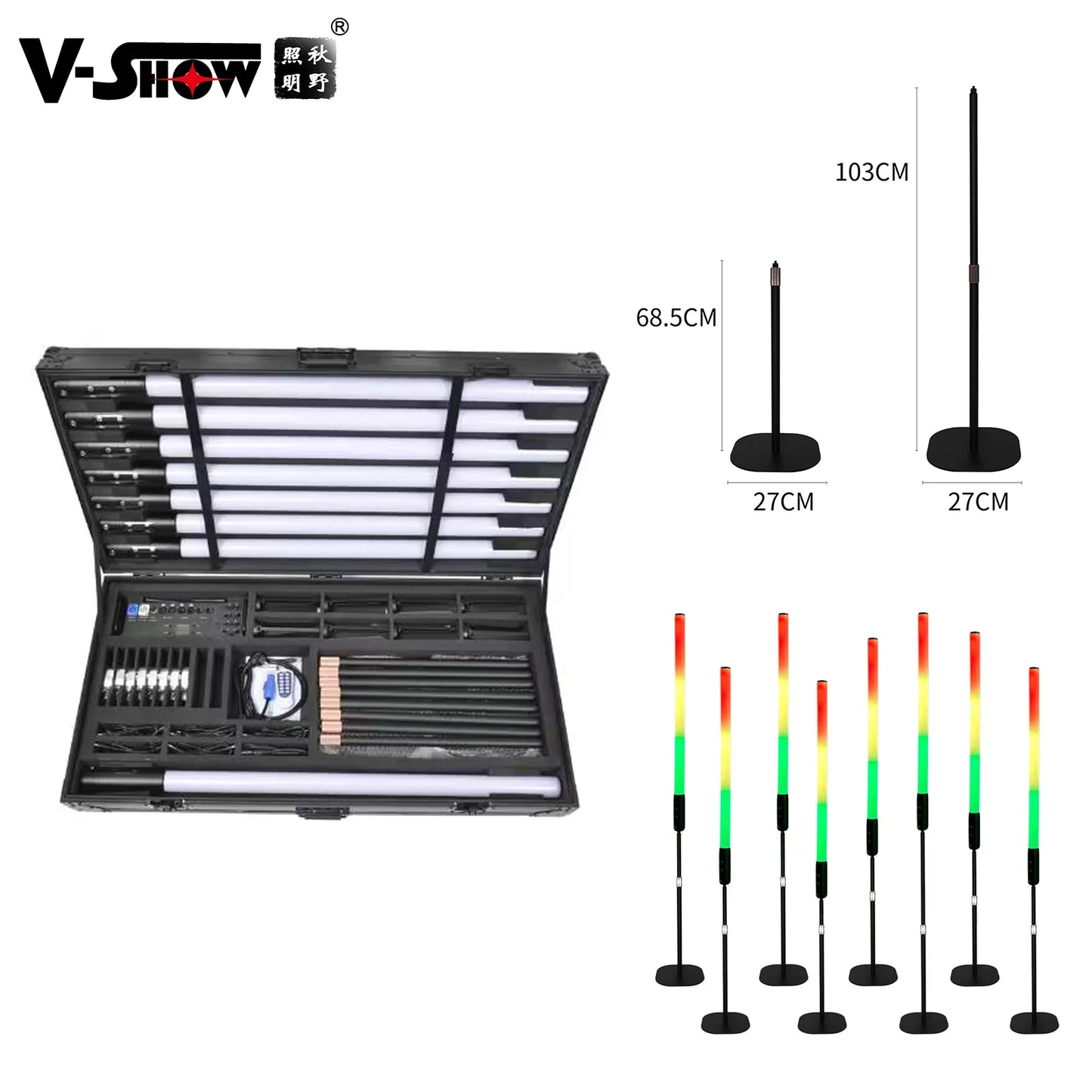 V-Show IP65 T360 8pcs With Case Outdoor 360° Wireless Stage Light Battery Powered RGB Rainbow Pixel Bar Led Tube Dmx Remote Wifi