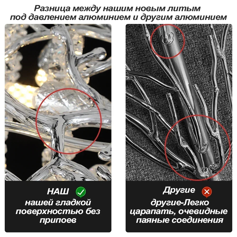 Aluminum Chrome Chandelier Crystal Tassel Designer Lamp Dining Room Light Fixture Home Decor Tree Branch Led Lighting Round