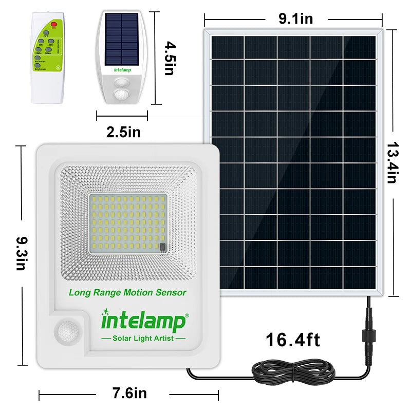 INTELAMP Solar Motion Sensor Floodlight with Remote Control, High Brightness 2500lm, 18000mAh, Suitable for Various Scenarios