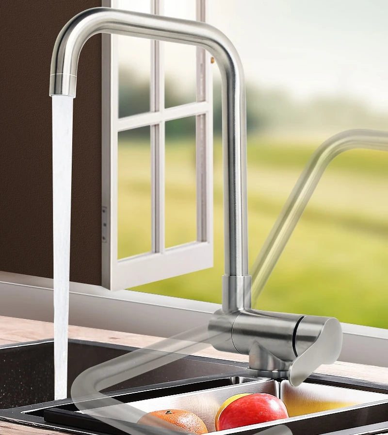 Stainless Steel Inner Window Folding Kitchen Faucet 360 Degree Swivel Hot Cold Mixer Water Tap Lead-Free Bathroom Sink Faucet