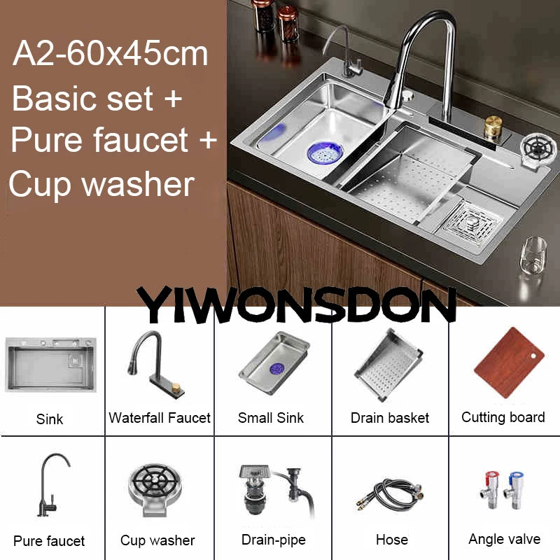 Multifunction Brushed Nano Kitchen Sink Waterfall Faucet Large Single Bowl Cup Washer Pure Tap Soap Dispenser Stainless Steel
