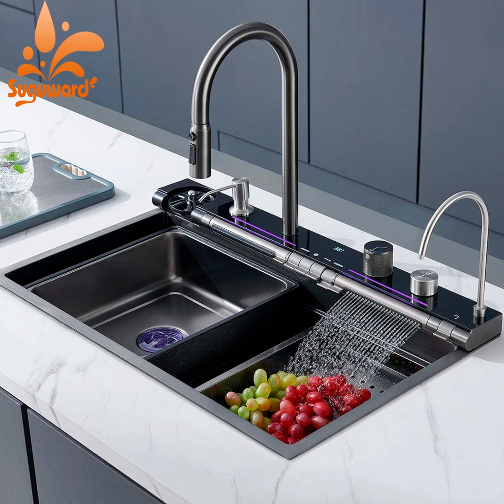 Stainless Steel Kitchen Waterfall Sink Digital Display Large Single Sink Dish Basin Sink Purification water Cup Washer Crane