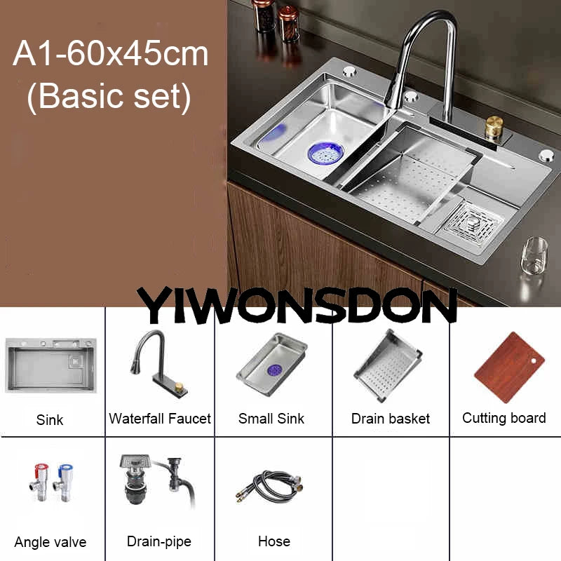 Multifunction Brushed Nano Kitchen Sink Waterfall Faucet Large Single Bowl Cup Washer Pure Tap Soap Dispenser Stainless Steel
