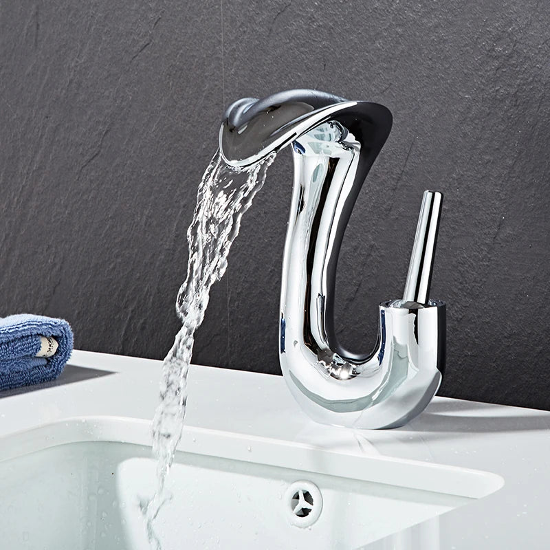 BAKALA Waterfall Chrome Single Handle Bathroom Faucet Solid Brass Dressing Table Sink Basin Tap with Drain Set