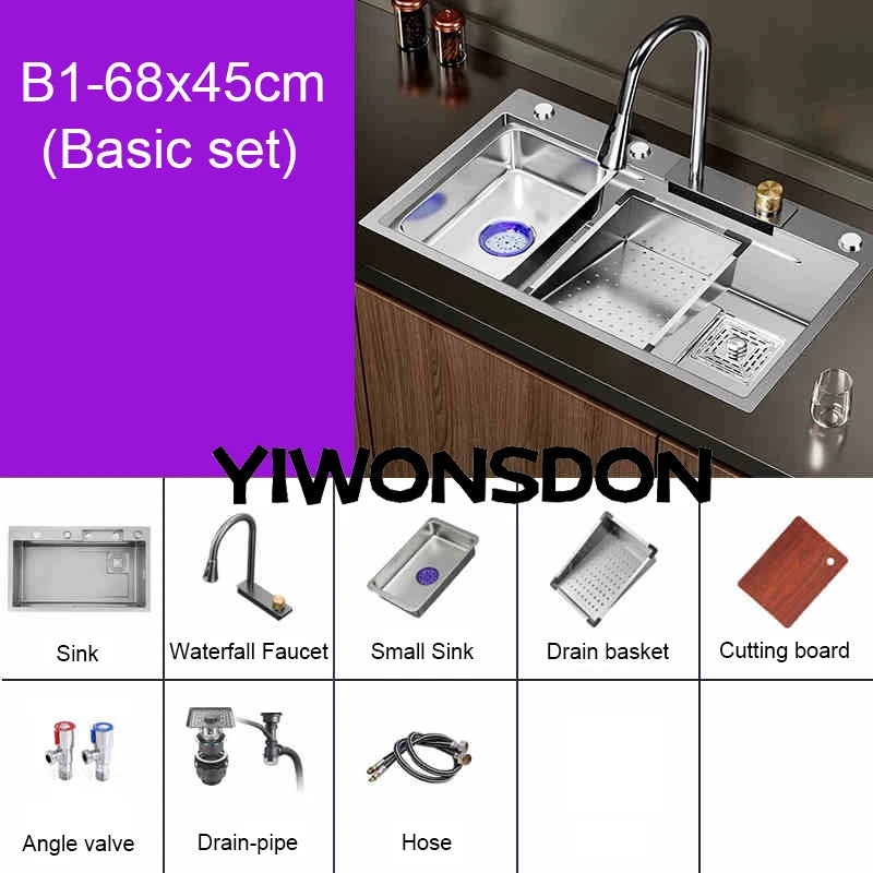 Multifunction Brushed Nano Kitchen Sink Waterfall Faucet Large Single Bowl Cup Washer Pure Tap Soap Dispenser Stainless Steel