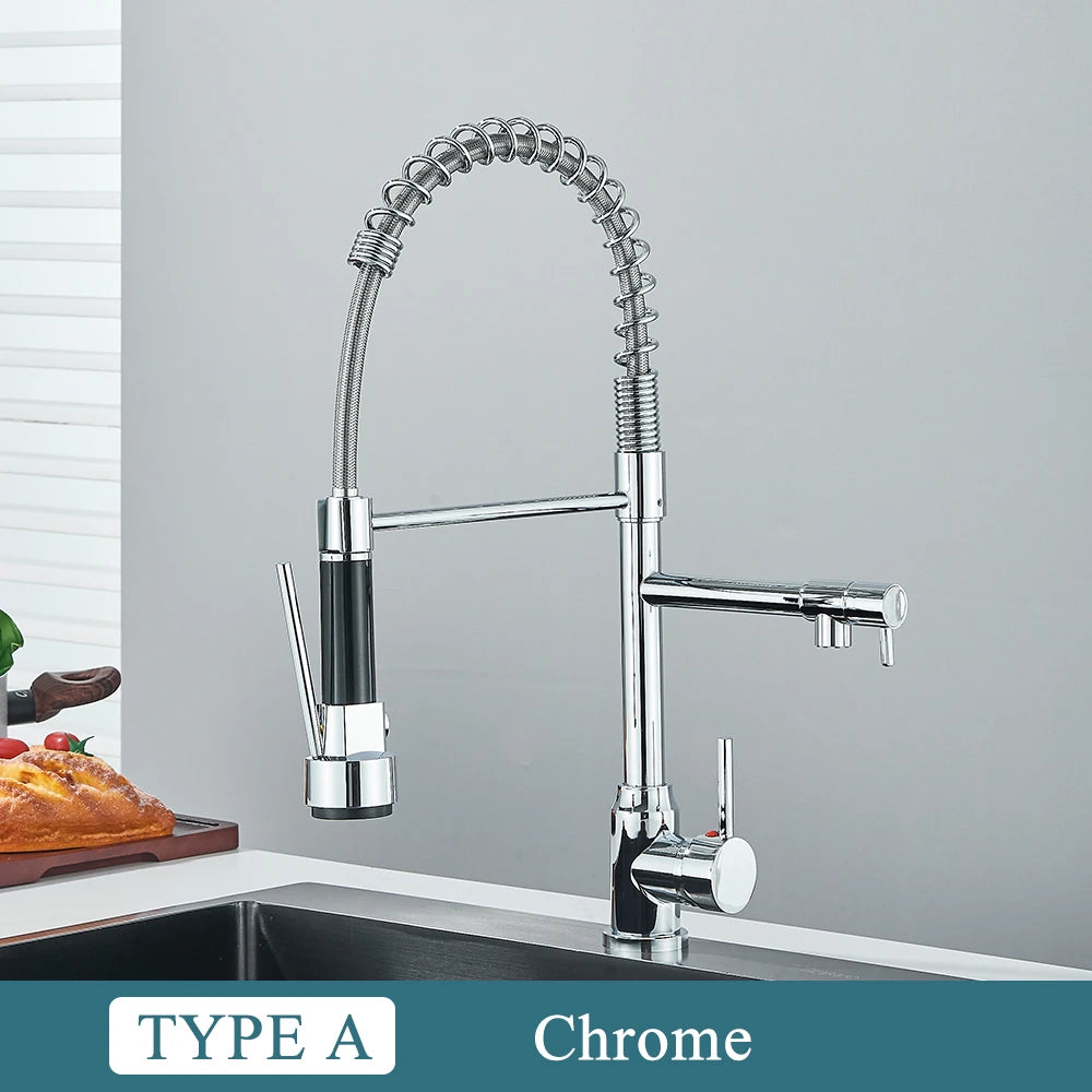 Black/Silver Kitchen Faucet with Pull-Down Sprayer, Deck Mount Hot and Cold Water Mixer Faucet, Dual Spout Faucet, Crane