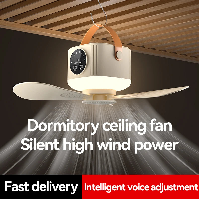 USB dormitory/camping small ceiling fan 8-hour timer, with night light, 4 levels of strength portable fan