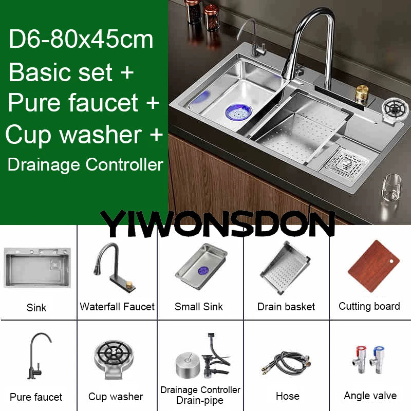 Multifunction Brushed Nano Kitchen Sink Waterfall Faucet Large Single Bowl Cup Washer Pure Tap Soap Dispenser Stainless Steel