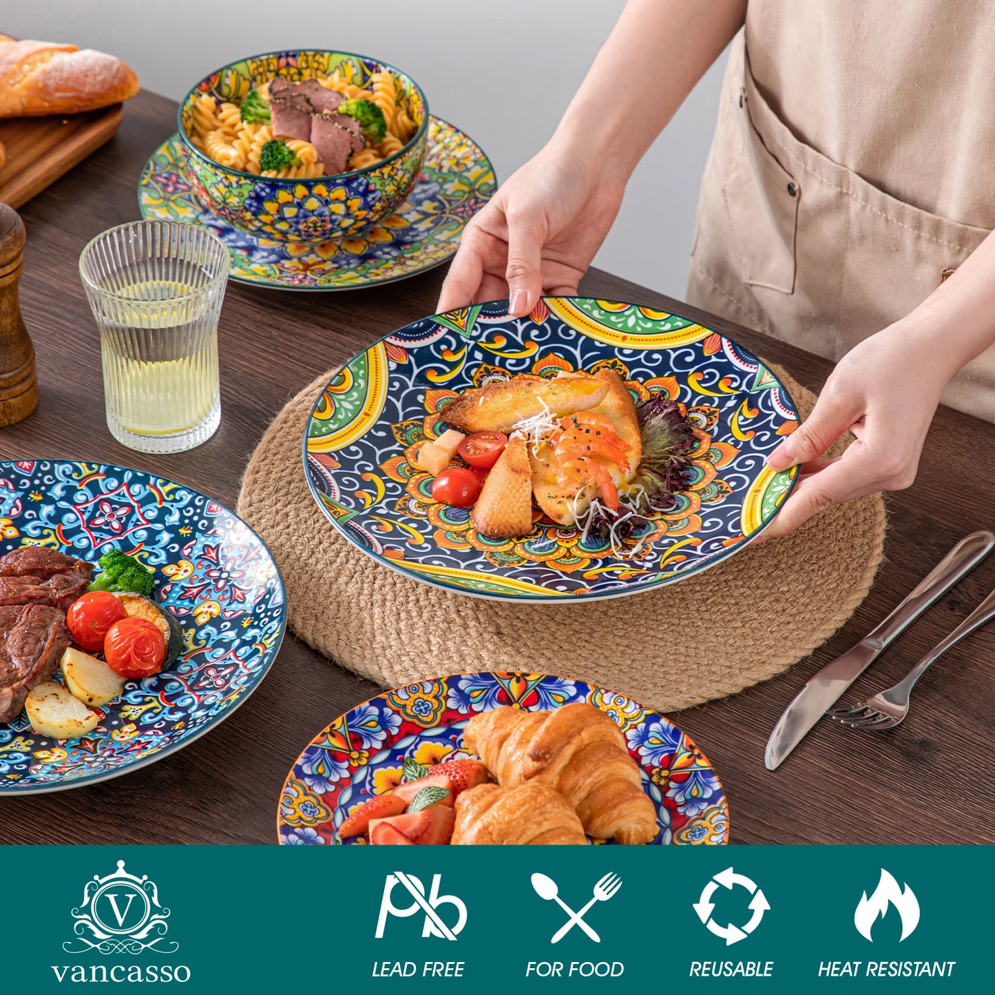 vancasso 12 Piece Ceramic Dinner Plate Double sided Painting Bohemian Style Dinnerware Set with 4PCS Dinner Plate/Dessert/Bowl
