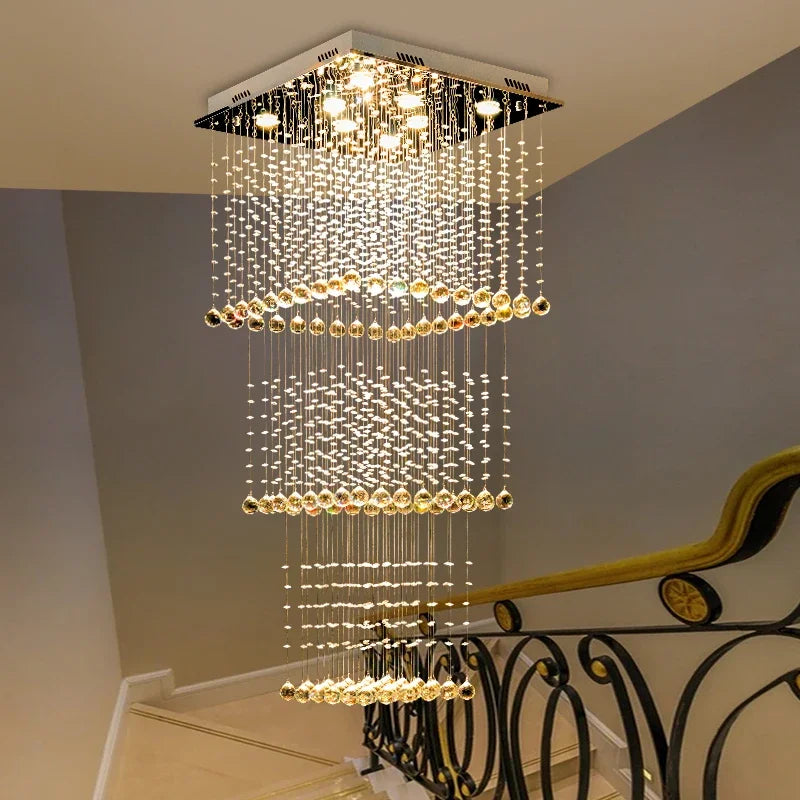 Duplex Living Room Pendant Chandelier Square Stair Hanging Lamp Hotel Villa Project Light Modern Luxury Crystal Long Chandelier