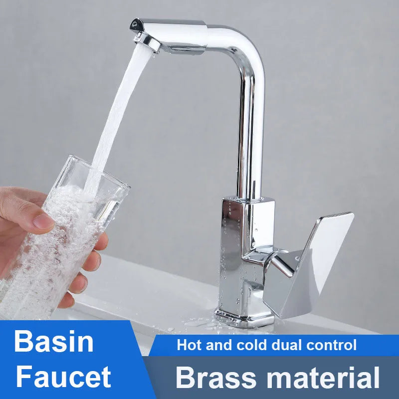 360° Rotating Basin Faucet, Copper Alloy Cold/Hot Water Tap with Aerator, Ceramic Cartridge, Silver