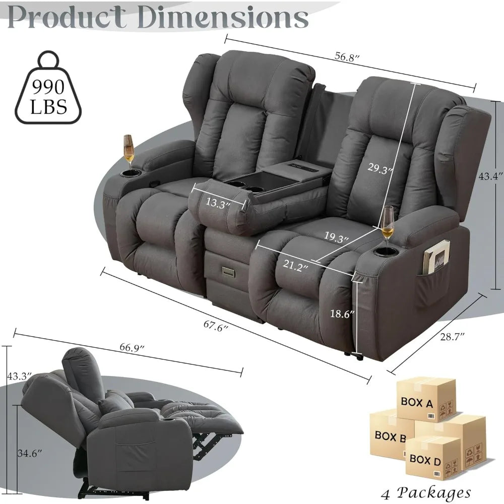 Loveseat Recliner Sofa - Flipped Backrest Console, Cup Holders, Side Pockets, Pillows, Drawers, Outlets