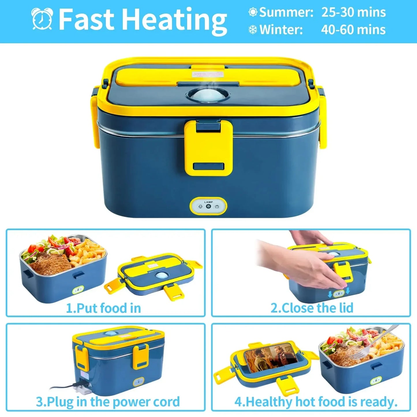 1.8L Electric Lunch Box 60W Food Heated 12V-24V 2-In-1 Portable Food Warmer Heater for Car/Truck/Home Self in-car Heating Box