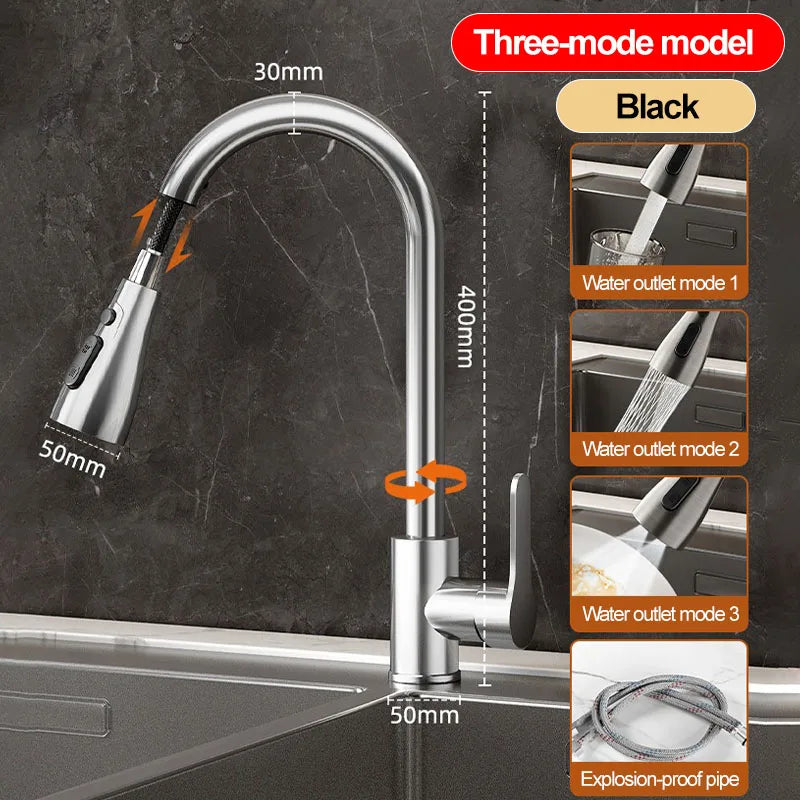 Stainless steel kitchen pull-out faucet, hot and cold household splash-proof sink, retractable sink, vegetable washing basin fau