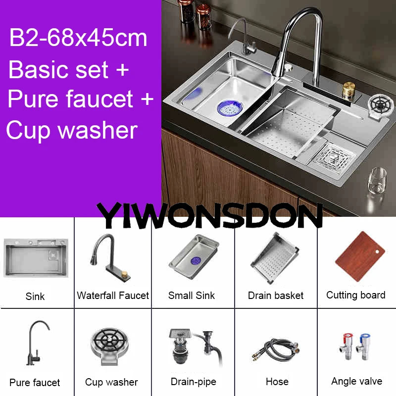 Multifunction Brushed Nano Kitchen Sink Waterfall Faucet Large Single Bowl Cup Washer Pure Tap Soap Dispenser Stainless Steel
