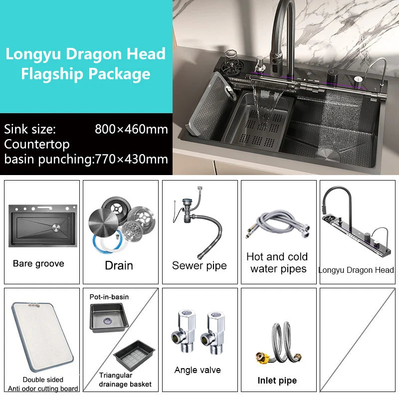 Gloden Stainless Steel Waterfall Kitchen Sink with Faucet Digital Display Multifunctional  Large Single Slot Dishwashing Basins