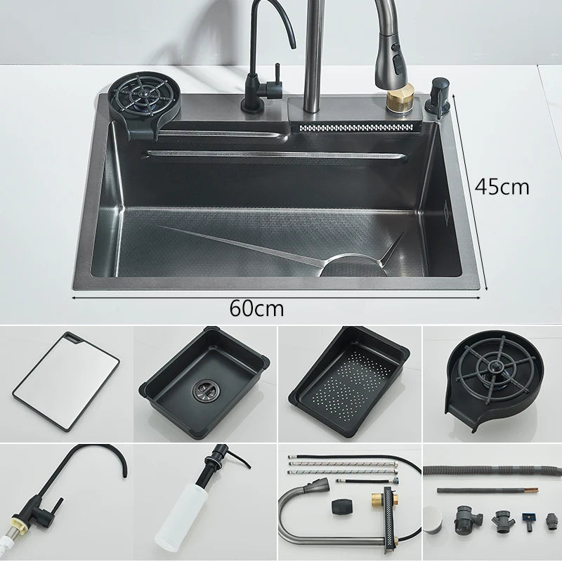 304 Stainless Steel Waterfall Kitchen Sink Large Single Slot Integrated 60X45cm Faucet Set Soap Dispenser Pure Water Tap
