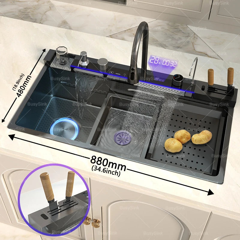 Gloden Stainless Steel Waterfall Kitchen Sink with Faucet Digital Display Multifunctional  Large Single Slot Dishwashing Basins