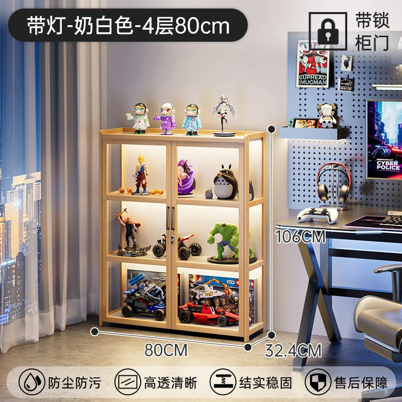 Display Cabinet Acrylic Curio Cabinet with Lock Glass Display Cabinet Natural Bamboo  Glass Cabinet Easy to Install，With Lights