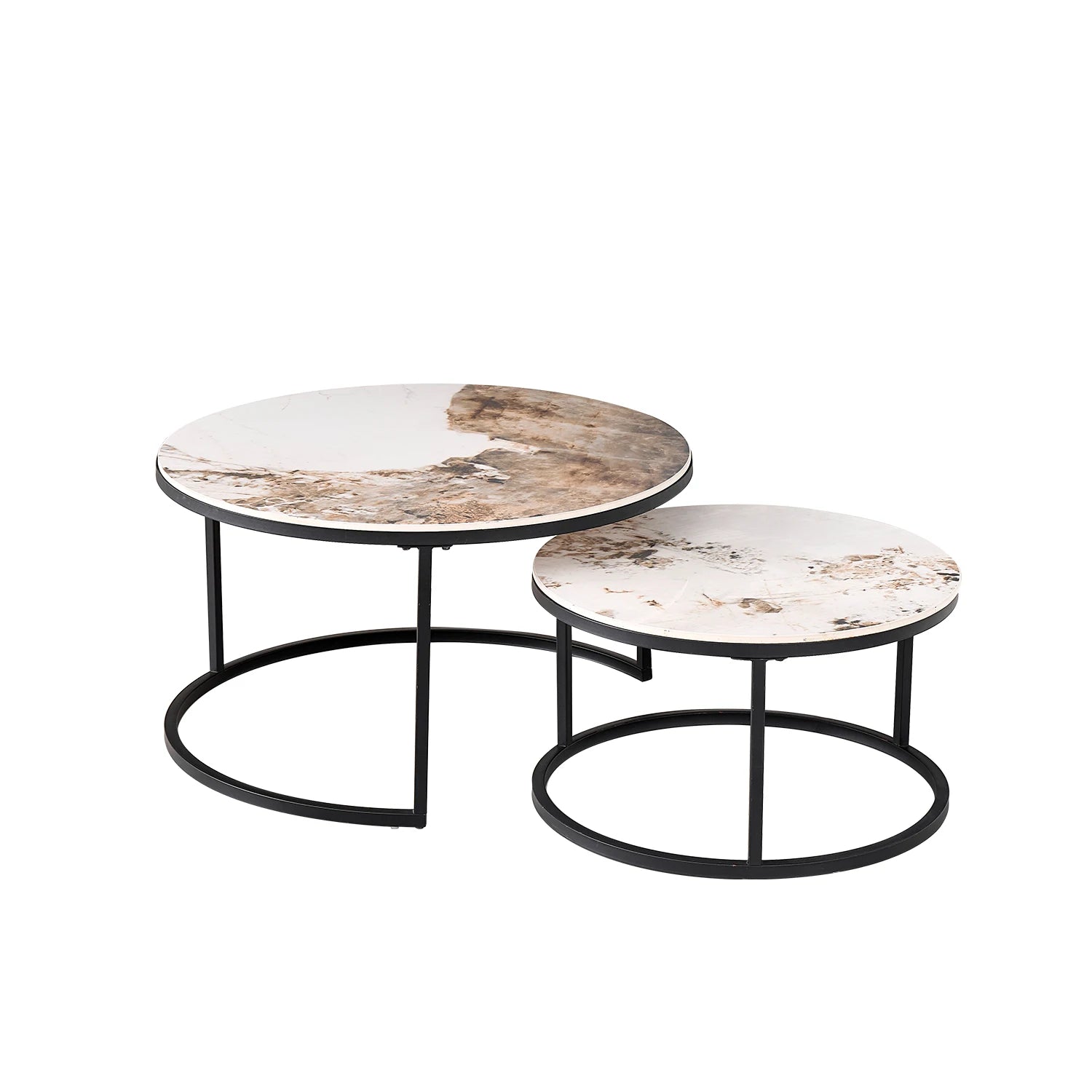 Set of 2 Modern Stylish Nesting Marble Round Coffee Table Set, Simple Metal Frame, Suitable for Living Room, Study Room, Bedroom