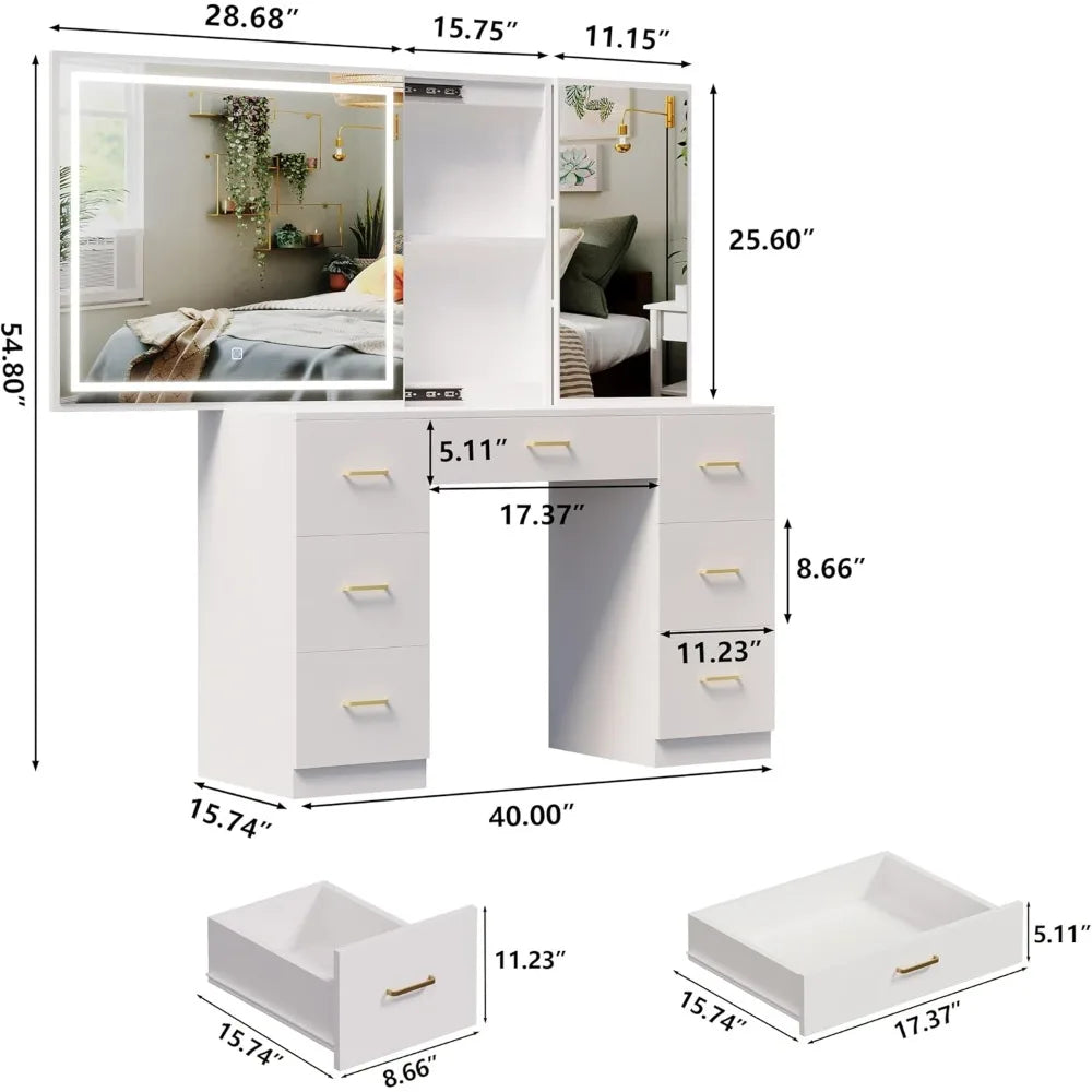 Vanity Desk with Lighted Mirror and Charging Station&Glass Tabletop, Sliding Mirror Makeup Vanity Table, Dressing Table
