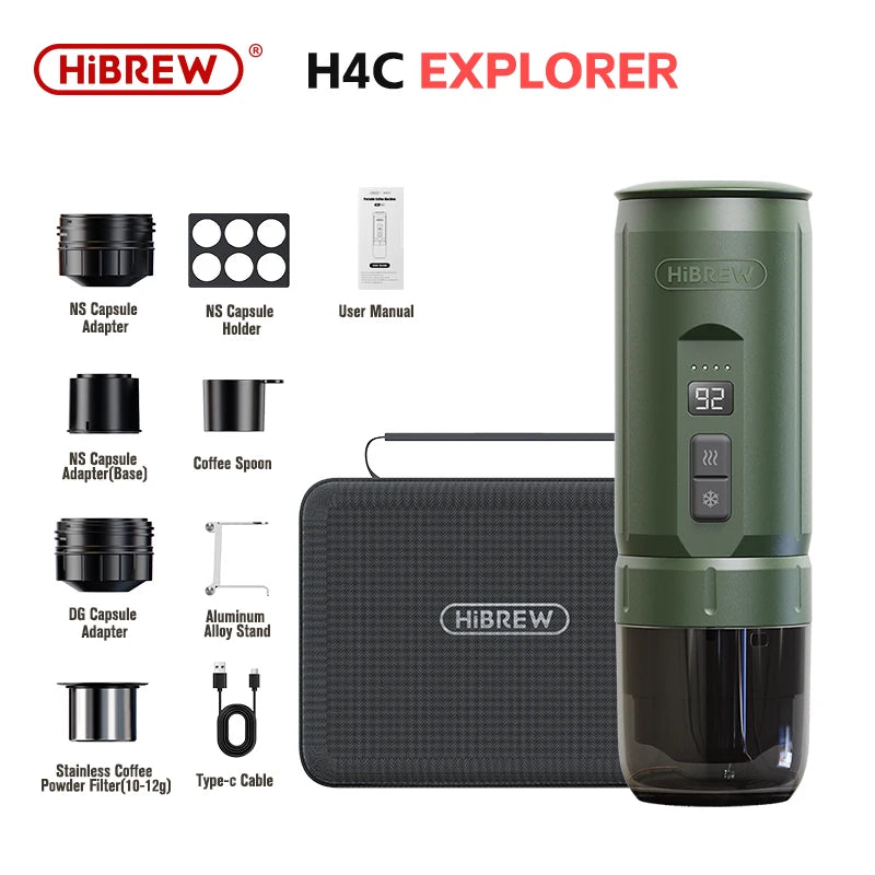 HiBREW Portable Espresso Coffee Machine for Car & Home Camping Coffee Maker Fit Nespresso Dolce Capsule Powder H4C