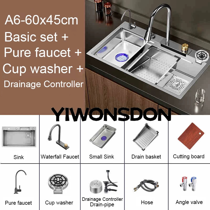 Multifunction Brushed Nano Kitchen Sink Waterfall Faucet Large Single Bowl Cup Washer Pure Tap Soap Dispenser Stainless Steel