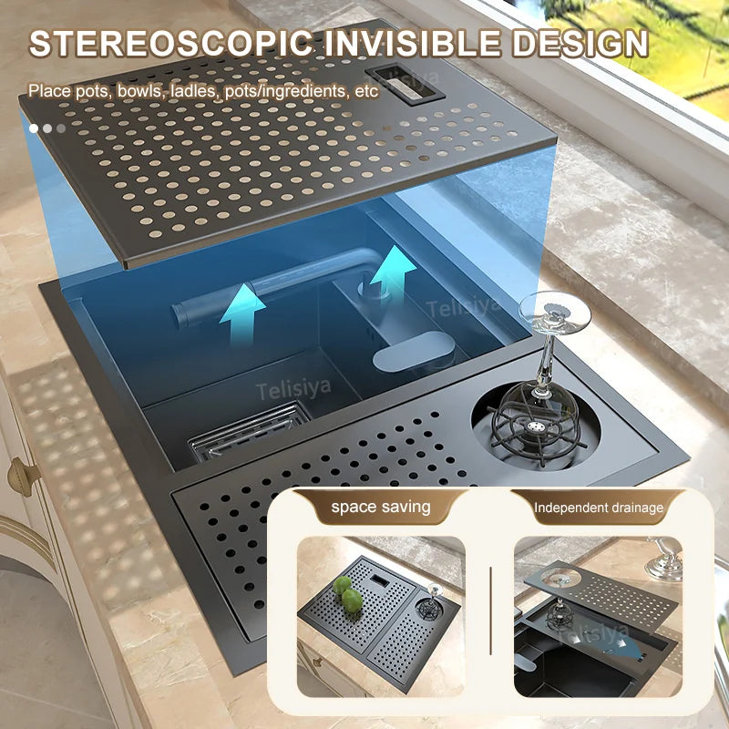 Cup Washer Hidden Sink Stainless Steel Kitchen Sinks Coffee Shop Bar Samll Single Slot With Lid Balcony Garden Washing Basin