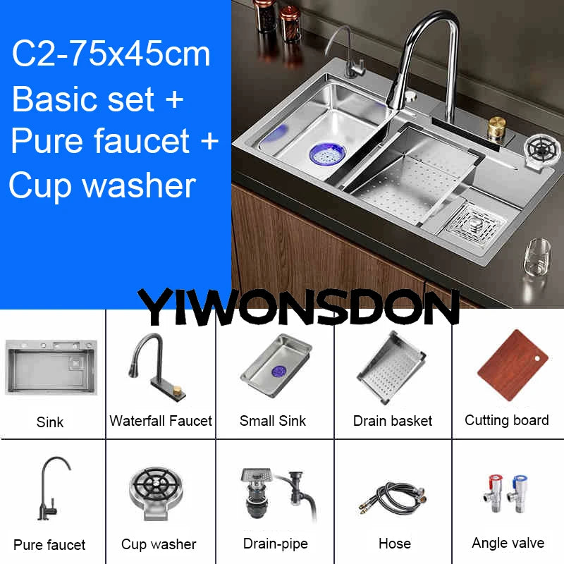 Multifunction Brushed Nano Kitchen Sink Waterfall Faucet Large Single Bowl Cup Washer Pure Tap Soap Dispenser Stainless Steel