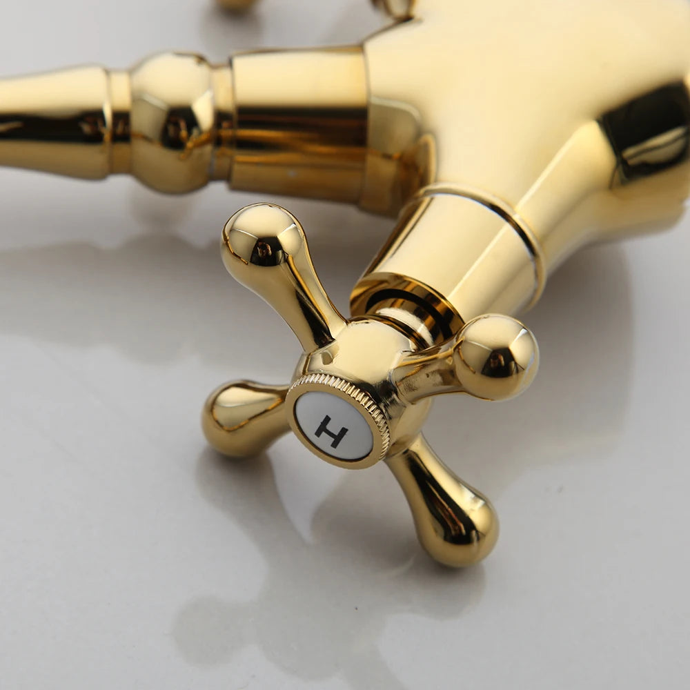 KEMAIDI Gold Bathroom Sink Faucet Brass Single Hole Deck Mounted Faucets 360 Swivel Dual Handle Mixer Tap Antique Brass