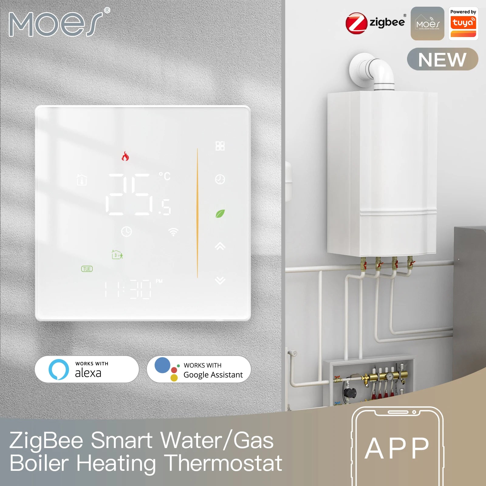 Moes Zigbee Thermostat Room Temperature Controller of Water/Electric Floor Heating Gas Boiler Humidity Tuya Work with Alex 5A16A