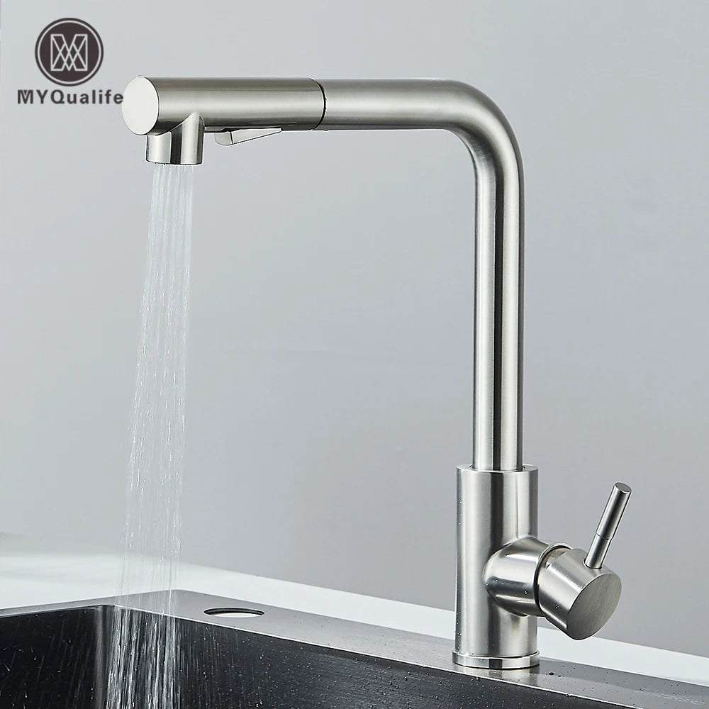 Pull Out Kitchen Sink Faucet High Pressure Two Model Stream Sprayer Nozzle Stainless Steel Tap Deck Install Hot and Cold Water