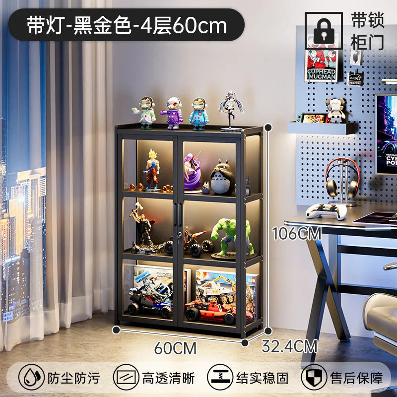 Display Cabinet Acrylic Curio Cabinet with Lock Glass Display Cabinet Natural Bamboo  Glass Cabinet Easy to Install，With Lights