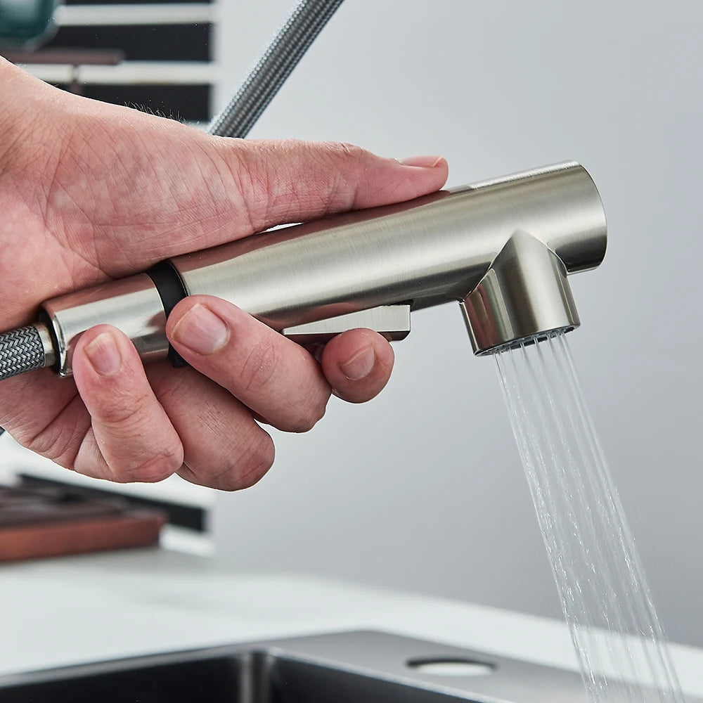 Pull Out Kitchen Sink Faucet High Pressure Two Model Stream Sprayer Nozzle Stainless Steel Tap Deck Install Hot and Cold Water
