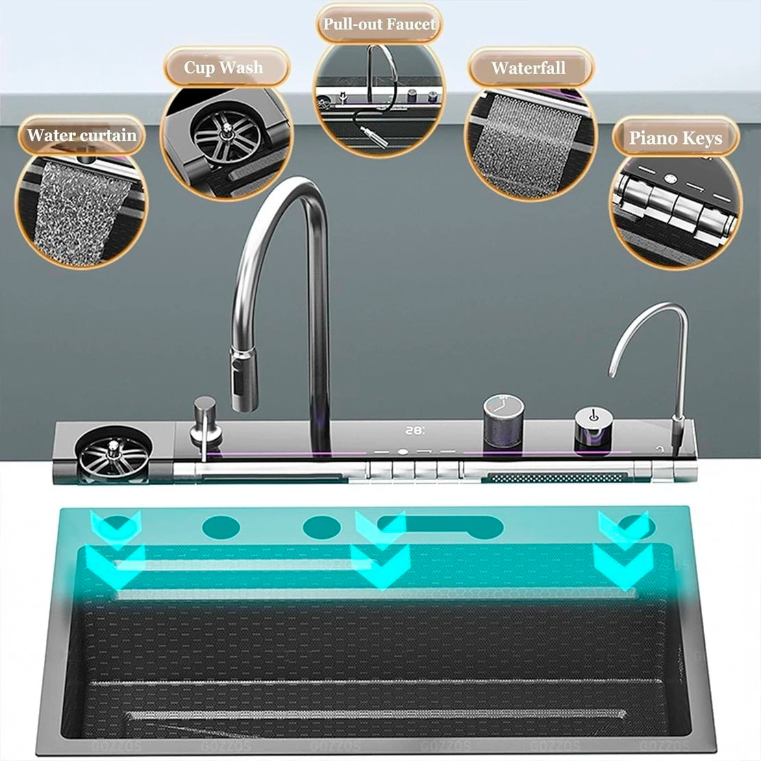 Stainless Steel Kitchen Waterfall Sink Digital Display Large Single Sink Dish Basin Sink Purification water Cup Washer Crane