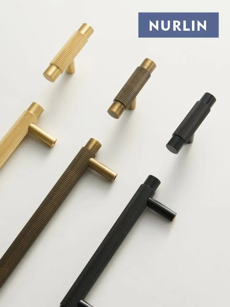 Nurlin Solid Brass Kitchen Furniture Handles Modern Knurled Patter Antique Matt Brass Black Color Cabinet Knobs T-Bar Pull