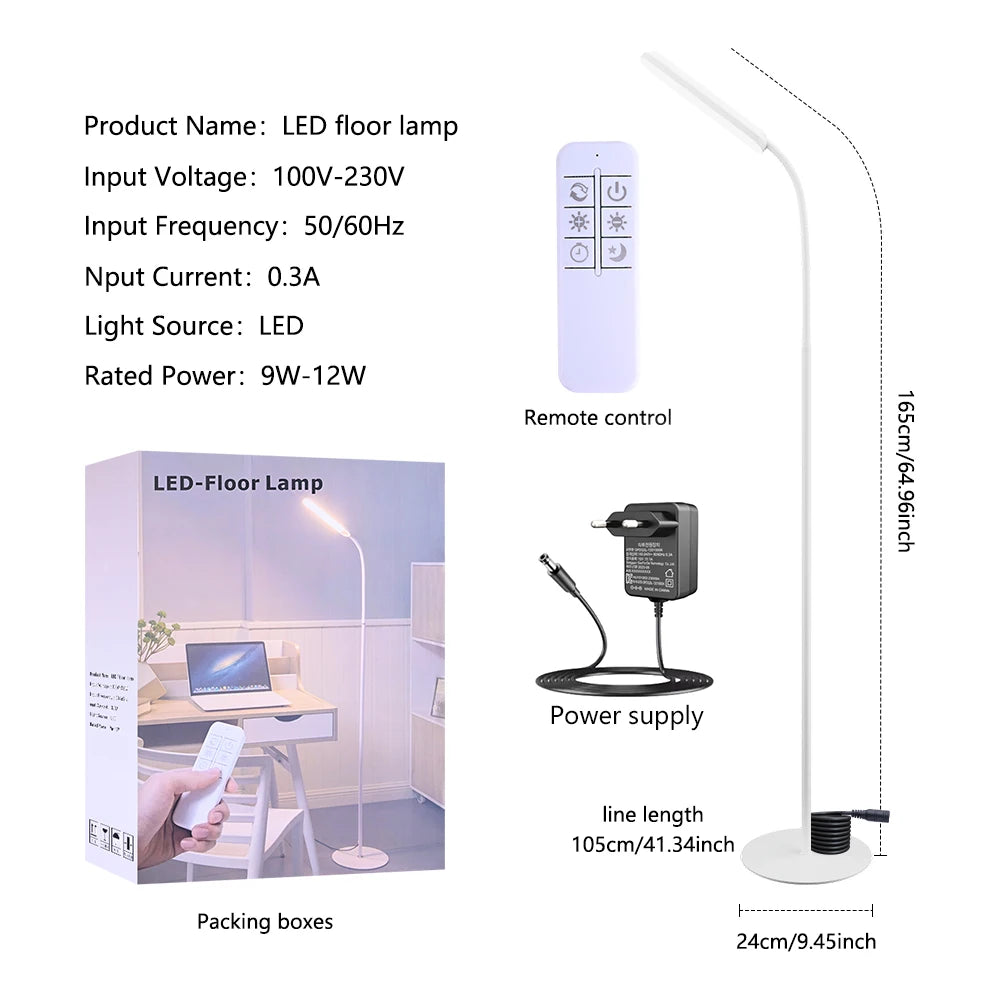 Modern LED Floor Lamp For Living Room Adjustable Gooseneck Work Light Remote Dimmable Indoor Standing Reading Light