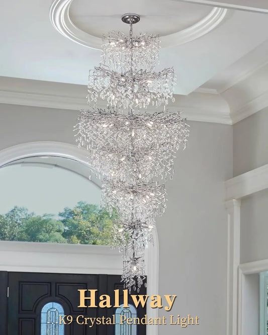 Modern Staircase Crystal Ceiling Chandeliers Silver Large Loft Crystal Hanging Chandelier for Entrance Hall Living Room