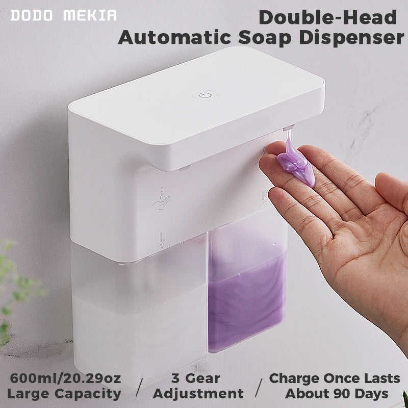 600ml Automatic Foam Soap Dispenser Double-Head Touchless Rechargeable 3-Level Adjustable Induction Sensor for Kitchen Bathroom