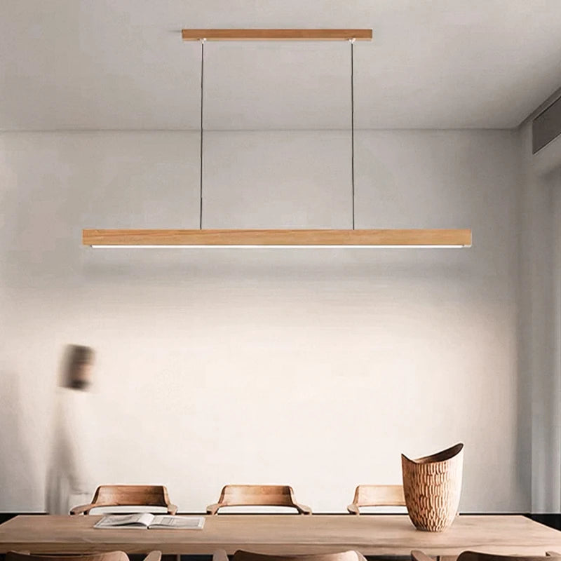 DAMIASMIL LED Pendant Light Dining Table Lamp Wood Long Strip Suspension Chandelier for Living Dining Room Lighting Fixture