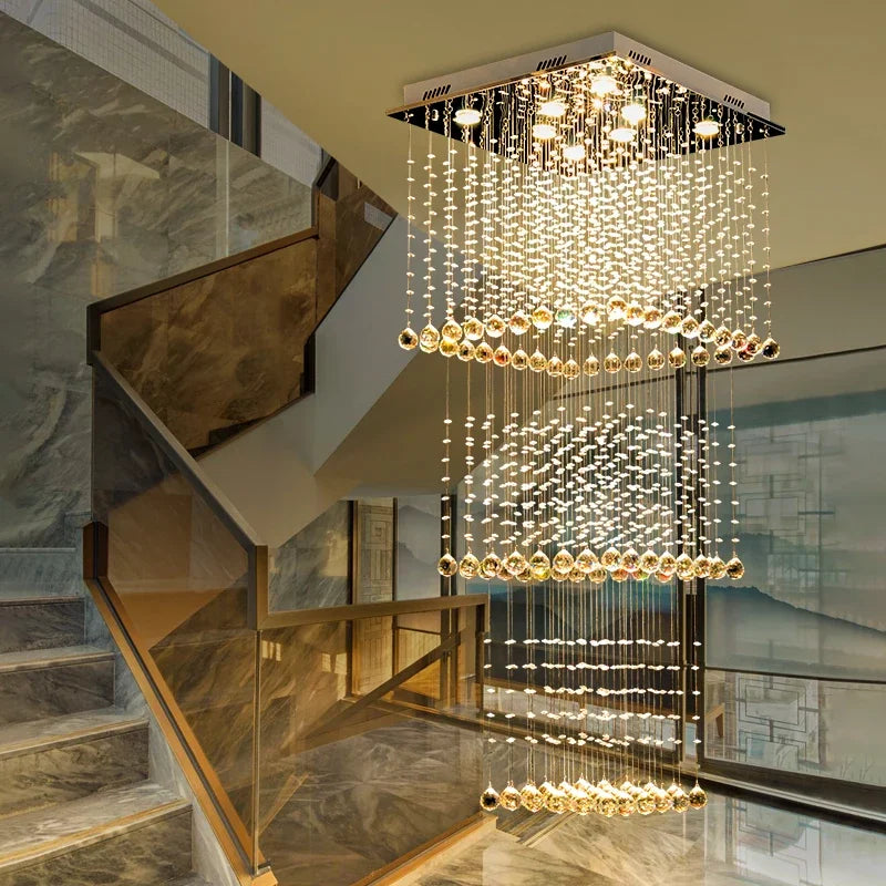 Duplex Living Room Pendant Chandelier Square Stair Hanging Lamp Hotel Villa Project Light Modern Luxury Crystal Long Chandelier