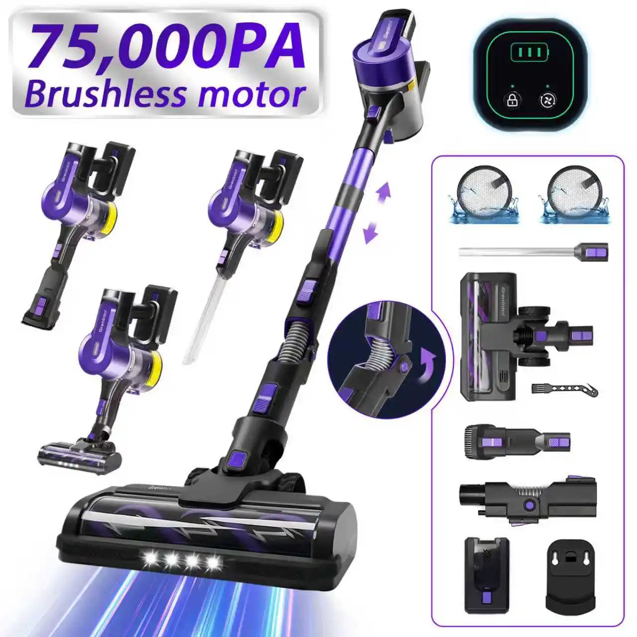 Grenintol 500W 75KPA Suction Power Cordless Vacuum Cleaner Handheld smart Home appliance Removable Battery Dust Cup