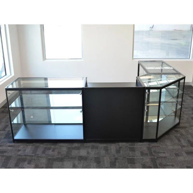 custom，L Shaped Aluminum Supermarket Retail Shop Turn Corner Glass Display Showcase Shopping Mall Lockable Display Cabinet Count